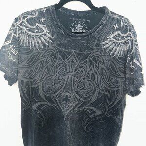 Affliction Graphic T-Shirt – Vintage Black Gothic Cross & Wing Design Size M